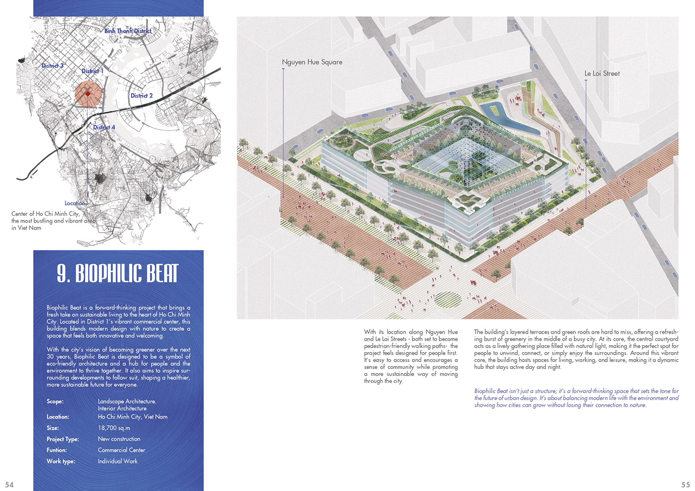 Portfolio spread for Biophilic Beat: renders, drawings and concept text