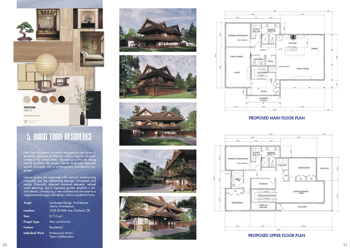 Portfolio spread for Brad Tran Residence: renders, drawings and concept text