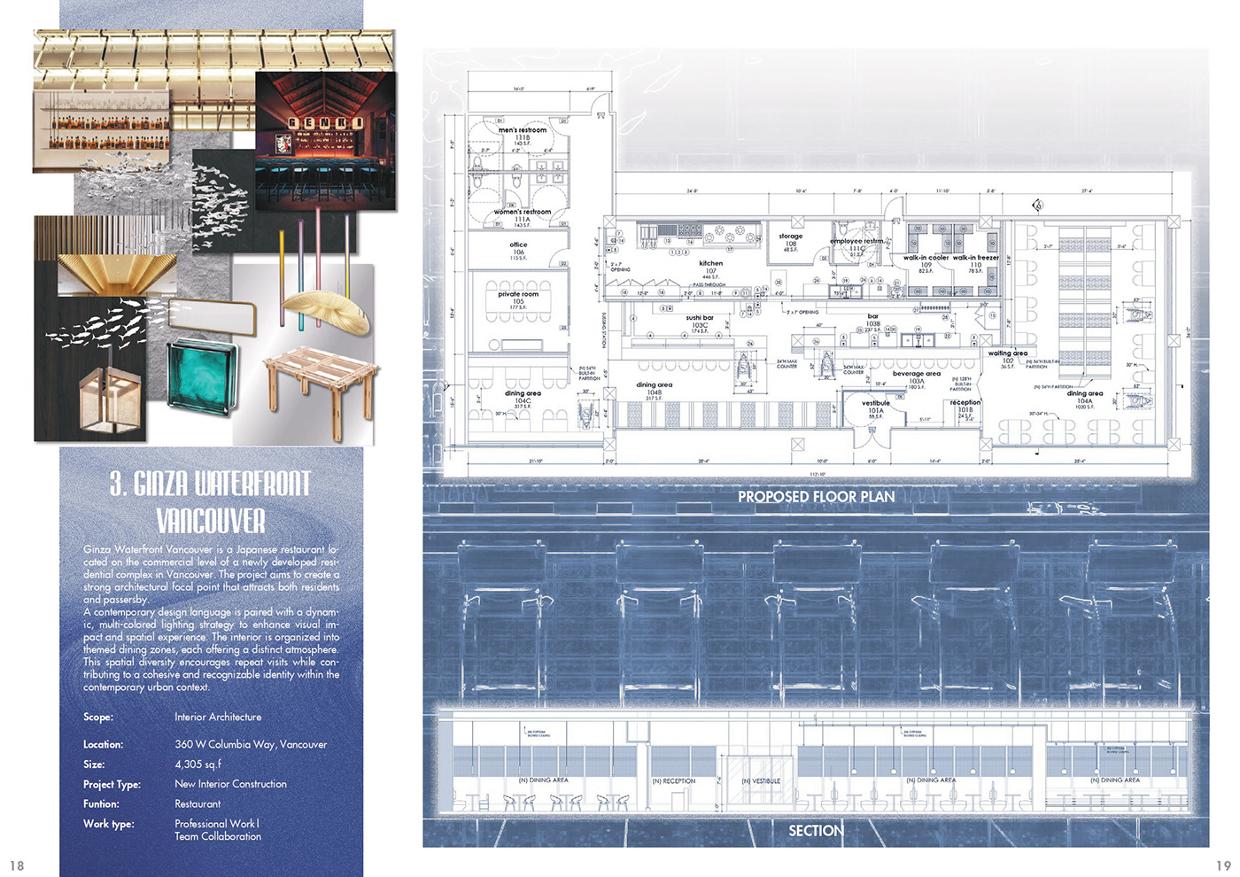 Portfolio spread for Ginza Waterfront Vancouver: renders, drawings and concept text