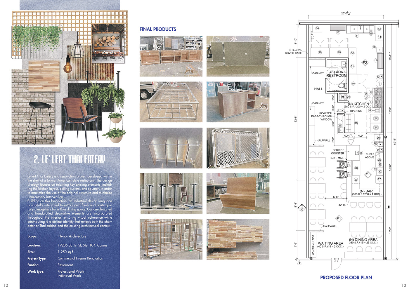 Portfolio spread for Le'Lert Thai Eatery: renders, drawings and concept text
