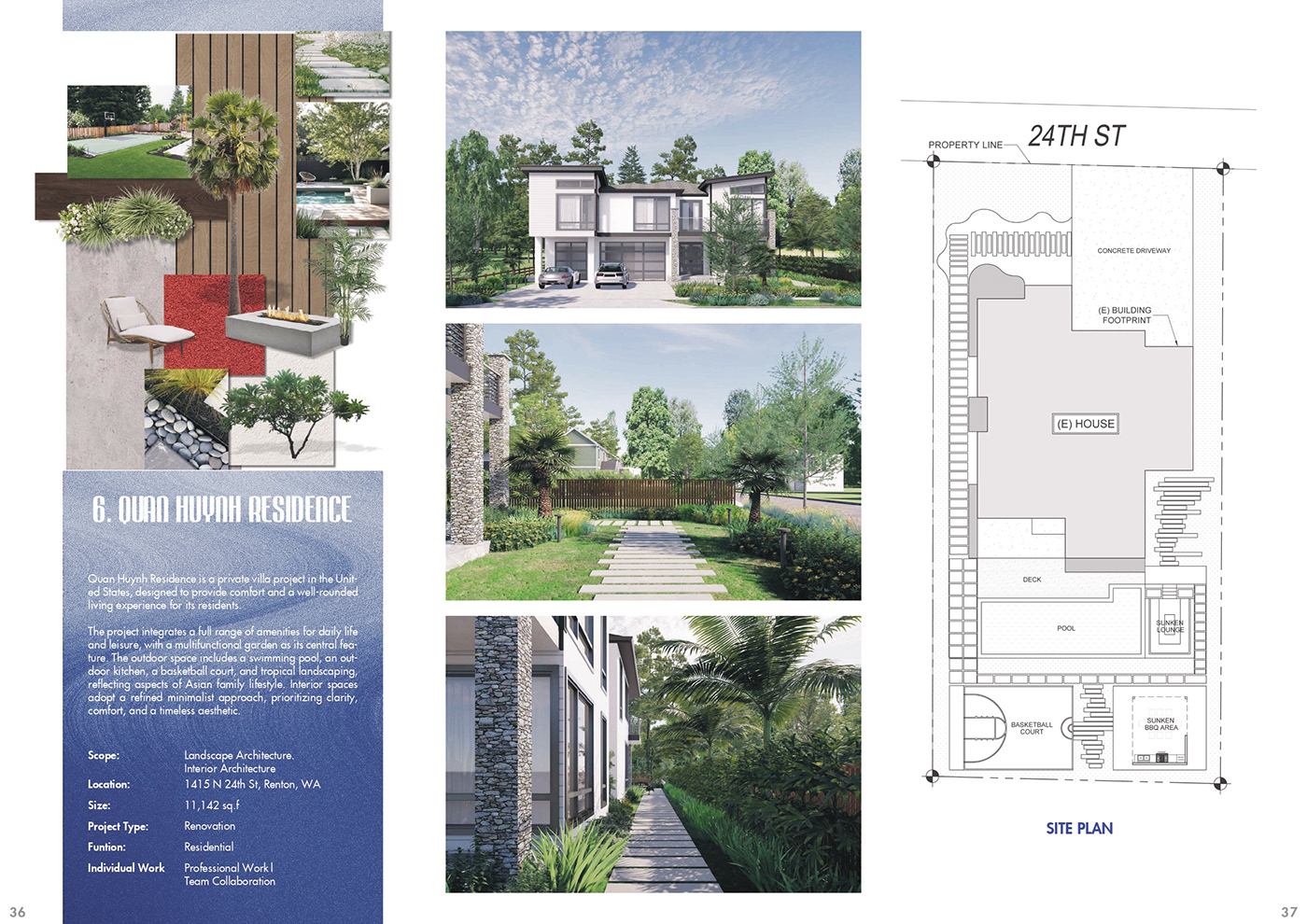 Portfolio spread for Quan Huynh Residence: renders, drawings and concept text