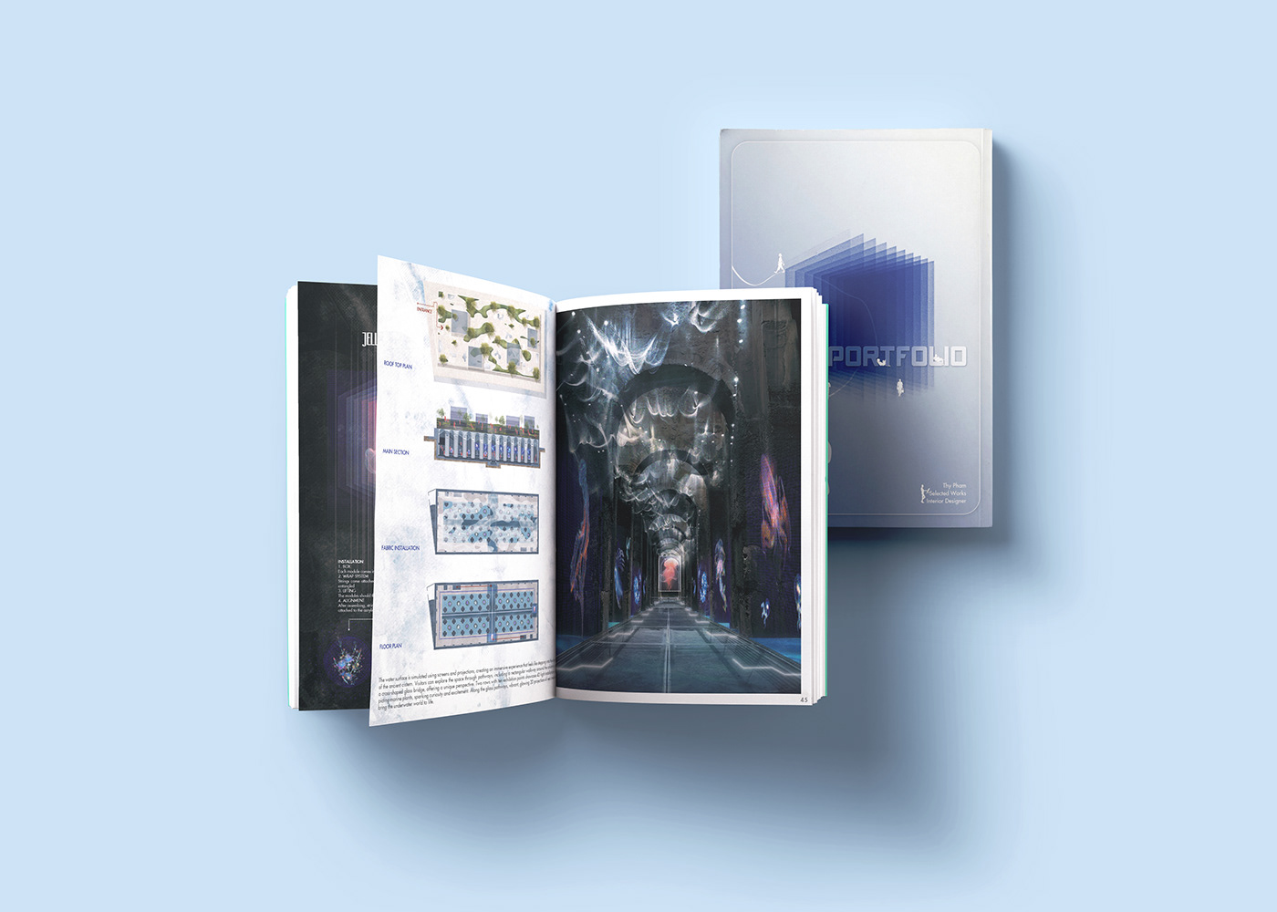 Portfolio book mockup showing the Re-Orient Museum spread with jellyfish light installations