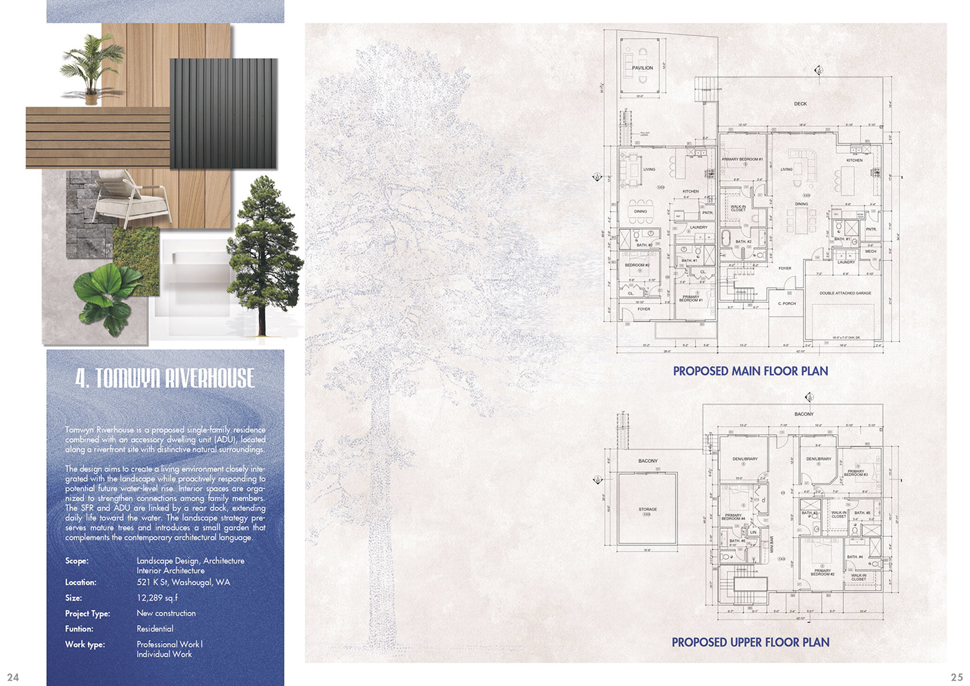 Portfolio spread for Tomwyn Riverhouse: renders, drawings and concept text