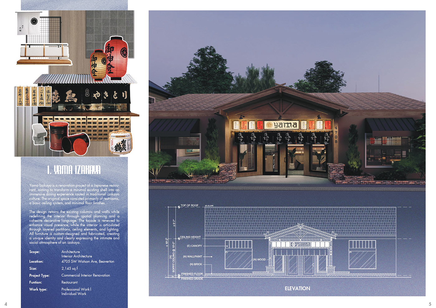 Portfolio spread for Yama Izakaya: renders, drawings and concept text